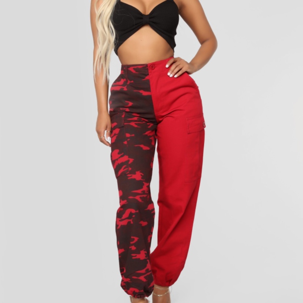 FASHIONNOVA Red Camo Pants